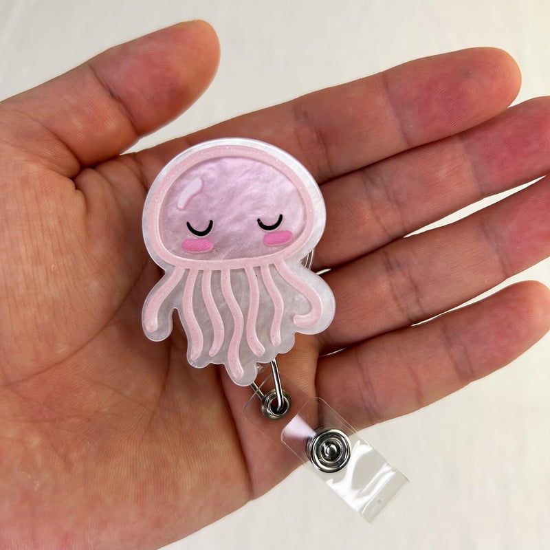 LEBEIGHT Pink Jellyfish Badge Reel Retractable for Nurse, Doctor, Medical Worker & Nursing Student | Cute Pediatric Nurse ID Name Badge Holder with Alligator Clip & 24” Durable Nylon Retractable Cord | Acrylic - Image 3